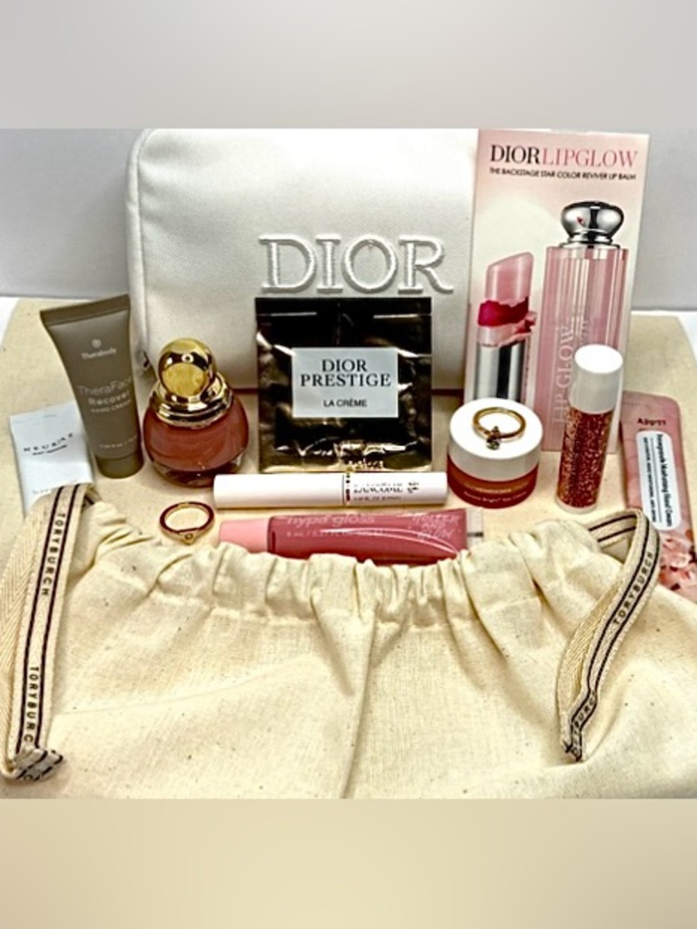 Dior White Cosmetic Pouch beauty items w Tory dust bag 14 pcs total - Picture 5 of 5